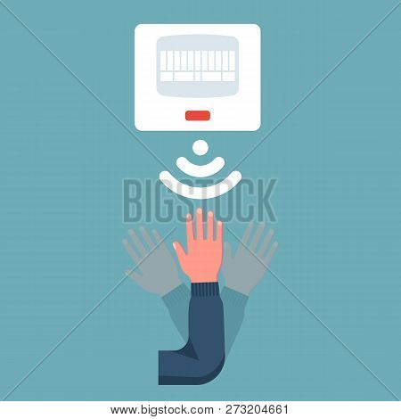 Movement Sensor. A Man Waves His Hand In Front Of The Sensor. Vector Illustration Flat Design. Isola