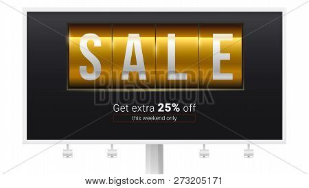 Billboard With Ads Of Sale. Get Extra 25 Percent Discount. Analog Mechanical Scoreboard. Template Fo