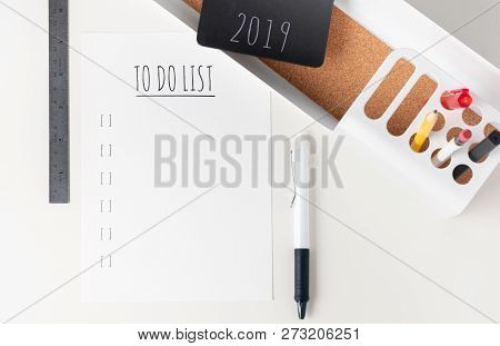 Top View To Do List 2019 Paper Note On Modern Office Stationery On White Table.pencil, Notepad,ruler