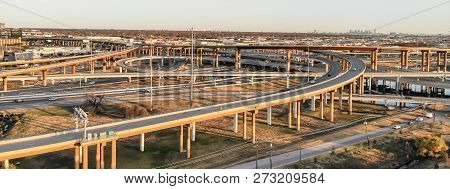Panoramic Top View Stack Highway Viaduct With Traffic Near Dallas, America