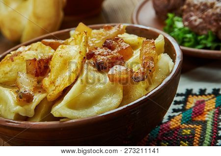 Varenyky, Filled Dumplings Of Central European, Ukrainian Cuisine,  Traditional Assorted Dishes, Top