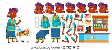 Indian Old Woman Vector. Senior Person Portrait. Elderly. Aged. Animation Creation Set. Sari. Face E