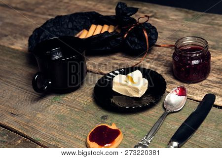 Morning Breakfast With Coffee Or Cappuccino And Chocolate Cookies