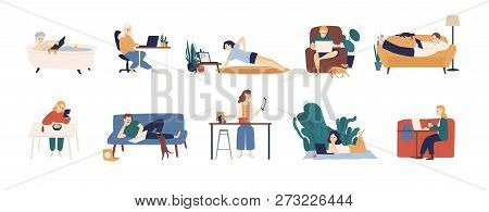 Collection Of People Surfing Internet On Their Laptop And Tablet Computers. Set Of Men And Women Spe