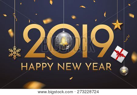 2019 New Year Shining Background With Ball. Happy New Year 2019 Celebration Decoration Poster, Festi