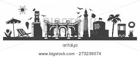Vector Modern Illustration Antalya, Turkey With Hand Drawn Doodle Turkish Symbols. Horizontal Panora