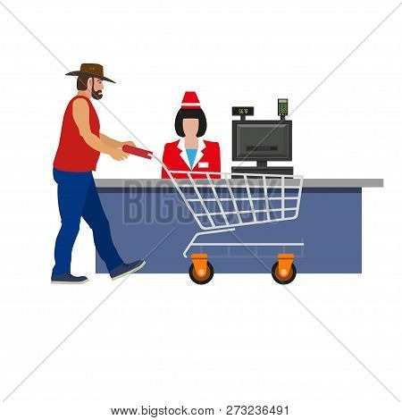 Supermarket Cashier Woman Serving A Customer. Shopper With Cart. Vector Illustration Isolated On Whi