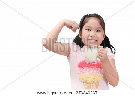 Cute Asian Girl Drinking Fresh Milk Isolated On White Background, Strong And Healthy Concepy