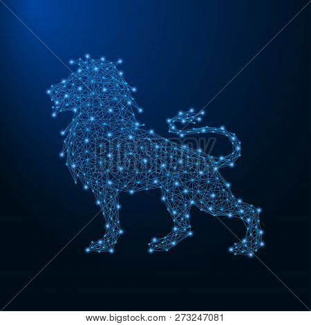 Lion Made By Points And Lines, Polygonal Wireframe Mesh, Low Poly Animal Illustration. Vector.