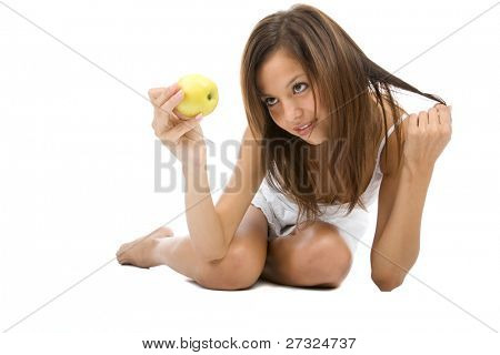 giovane bella ragazza con apple sul bianco