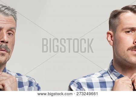 Collage Of Two Portraits Of The Same Old And Young Man. Face Lifting, Aging And Skincare Concept For