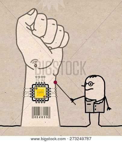 Cartoon Doctor Showing A Microchip Implant in Wrist- illustration on textured brown paper