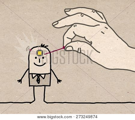 Big Hand Putting a Microchip in a Cartoon Man's Head - illustration on textured brown paper