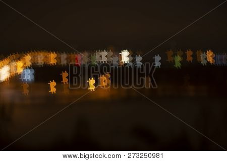 Background Of Bitcoin Symbols.on A Dark Background Cryptocurrency Bitcoin.vague Background Of Bitcoi