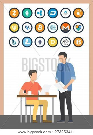 Bitcoin Currency Boss And Employee People, Set Of Cryptocurrencies Vector. Bitshare And Monero, Bloc