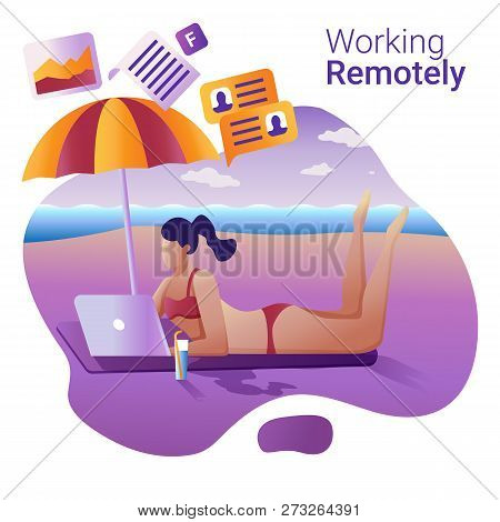 Work Remotely Concept. The Flat Vector Illustration For A Banner. Young Girl Remotely Working At A L