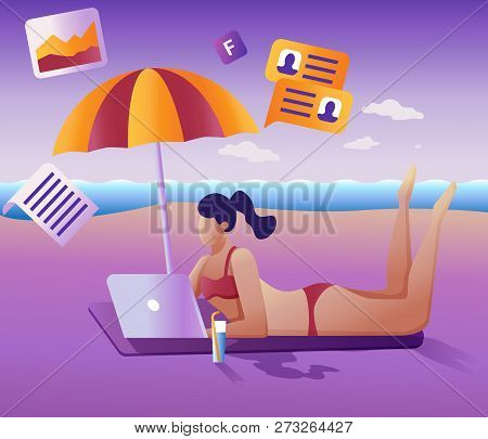 Work Remotely Concept. The Flat Vector Illustration. Young Girl Remotely Working At A Laptop Lying O