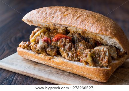 Saute Turkey Meat Sandwich With Ciabatta Bread.