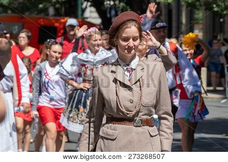 Prague, Czech Republic - July 1, 2018: People Parading At Sokolsky Slet, A Once-every-six-years Gath