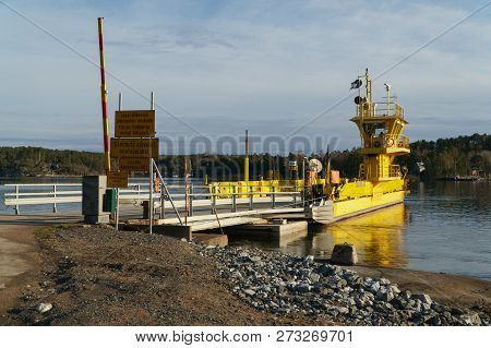 Hammaron Salmi, Finland - April 29 2018: Yellow Ferry Boat On Dock, Hammaro Salmi, April 29, 2018.