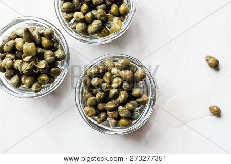 Edible Capers In Glass Bowl Ready To Eat.