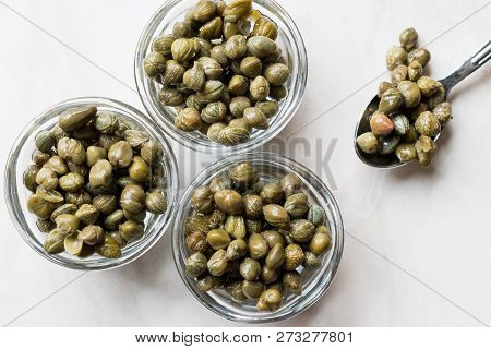 Edible Capers In Glass Bowl Ready To Eat.
