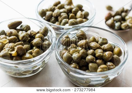 Edible Capers In Glass Bowl Ready To Eat.