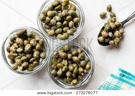 Edible Capers In Glass Bowl Ready To Eat.