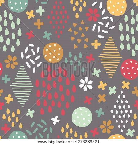 Seamless Pattern With Cross, Dropes, Circle, Rhombus, Flowers In Retro Colors. Perfect For Gift Pape