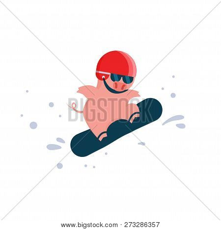 Cartoon Pig On A Jumping On A Snowboard, A Mask And Hemlet. Winter Sport Activity. Symbol Of The New