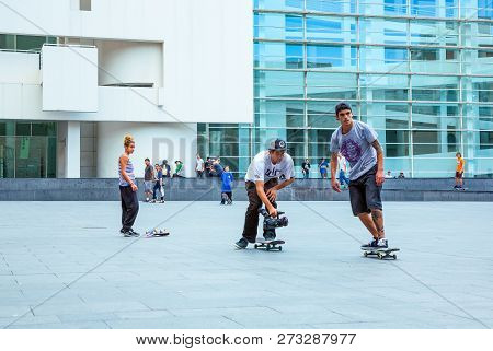 Barcelona, Spain - September 30, 20012: Young People Playing In The Square Of The Macba (contemporar