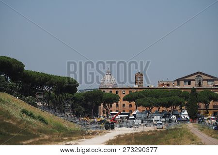 The Circus Maximum In Rome, Italy, After A Concert, With The Vatican Duomo In The Distance