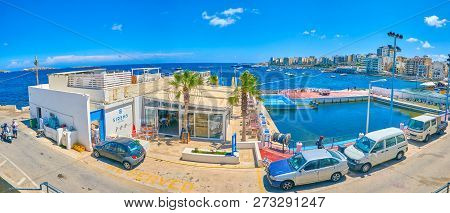 Bugibba, Malta - June 14, 2018: The Panoramic View On Coastline Of San Geraldu With Popular Maltese 