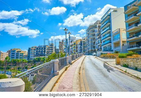 The Line Of Modern Seaside View Buildings On The Hills Of Bugibba Resort, Where Also Possible To Ren