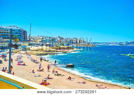 Bugibba, Malta - June 14, 2018: The Bugibba Perched Beach Is One Of The Best In The City With Specia