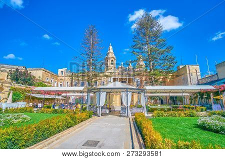 Naxxar, Malta - June 14, 2018: The Summer Terraces Of Restaurant On The Territory Of Palazzo Parisio