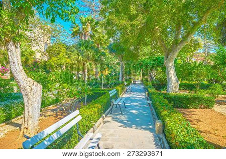 Naxxar, Malta - June 14, 2018: Visit Garden Of Palazzo Parisio Is A Good Choice To Relax In A Shade 