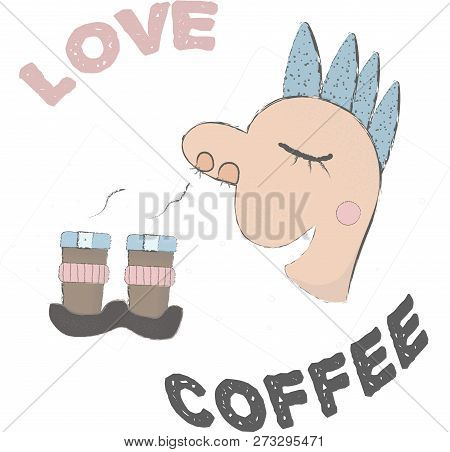 Funny Vector Illustration. Young Man With A Punk-style Haircut Smelling And Enjoying His Coffee. Lov