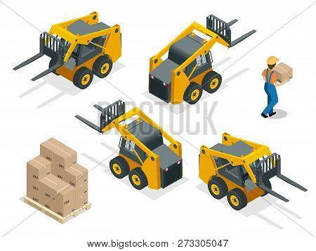 Isometric Vector Forklift Truck Isolated On White. Storage Equipment Icon Set. Forklifts In Various 