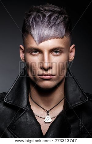 Young Man With Purple Hair And Creative Makeup And Hair.