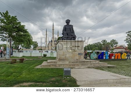 Edirne, Turkey - May 26, 2018: Monument Of Otoman Architect Mimar Sinan And Selimiye Mosque  In City
