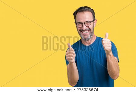 Handsome middle age hoary senior man wearin glasses over isolated background success sign doing positive gesture with hand, thumbs up smiling and happy. Looking at the camera with cheerful expression