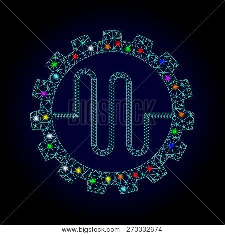 Glossy Polygonal Mesh Pipe Service Cog Icon With Glow Effect On A Dark Background. Carcass Pipe Serv