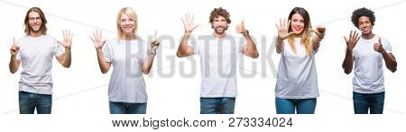 Collage of group of people wearing casual white t-shirt over isolated background showing and pointing up with fingers number six while smiling confident and happy.