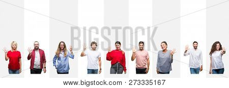 Collage of different ethnics young people over white stripes isolated background showing and pointing up with fingers number five while smiling confident and happy.