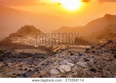 Scenic view of Hajar Mountains of Ras Al Khaimah, UAE at sunset