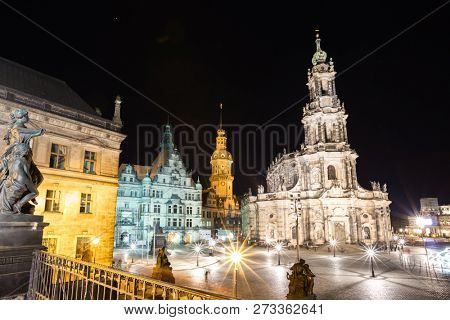 View of cathedral Catholic Hofkirche and palace Georgenbau at old town. Location Dresden, Saxony land, Germany, Europe. Famous tourist attraction. Travel destination. Discover the beauty of earth.