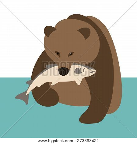 Bear With Fish, Vector Illustration, Flat Style ,front View