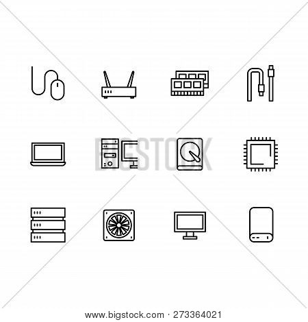 Simple Set Symbols Computer Hardware And Components Outline Icon. Contains Such Icon Ram, Hard Disk,