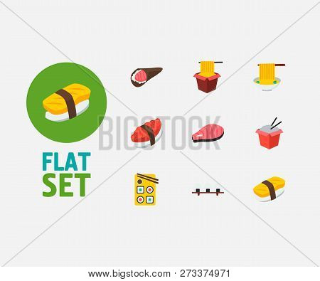 Nutrition Icons Set. Tako Maki And Nutrition Icons With Hawker, Rice Ball And Sake Nigiri. Set Of Ch